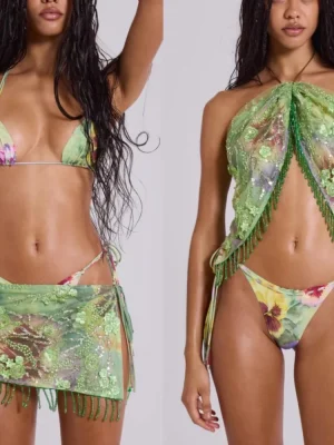 Summer Sequin Embroidered 3-Piece Skirt & Bikini Set