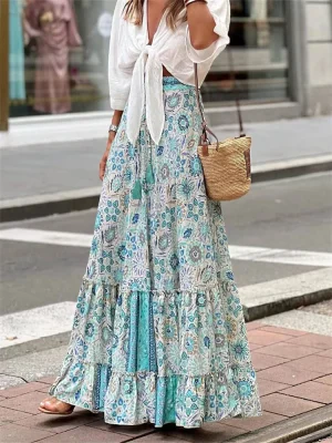 Women's Boho Flowy Skirt Ruffled Hem Printed Long Skirt