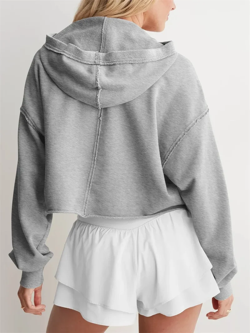 V Neck Crop Hoodie Solid Color Long Sleeve Sweatshirt - Image 6