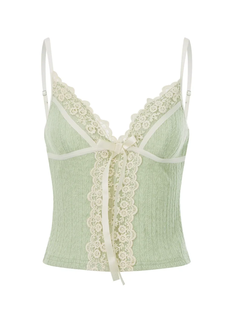 Lace Trim V Neck Bow Tank Top Slim Y2K Crop Style