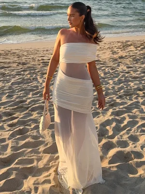 White Mesh Off-Shoulder Maxi Dress