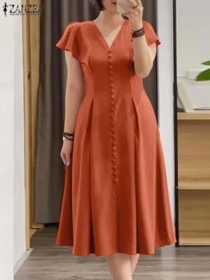 Women’s Elegant V-Neck Pleated Dress