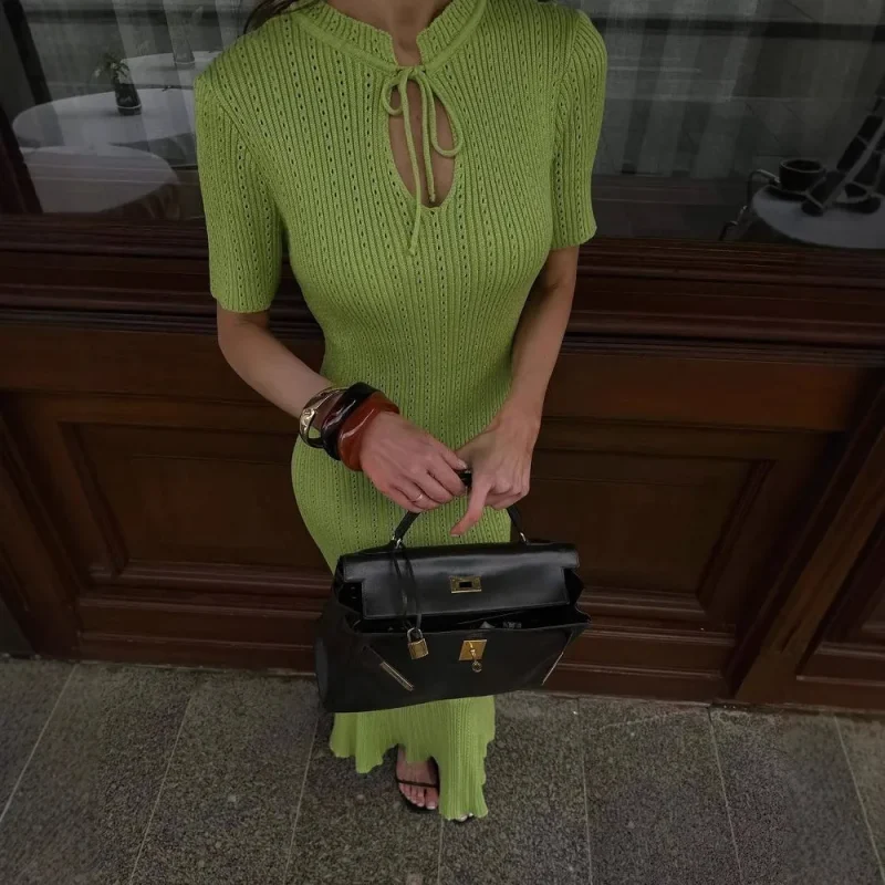 Elegant Green Hollow Out Knit Maxi Dress - Image 2