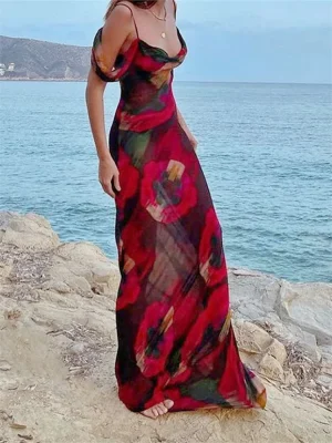 Women's Mesh Print Long Dress Off Shoulder Pleated Party Dress