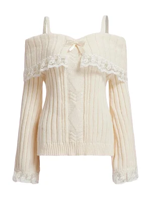 Cold Shoulder Sweater Lace Trim Knit Bow Front Pullover
