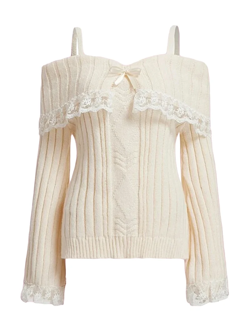 Cold Shoulder Sweater Lace Trim Knit Bow Front Pullover