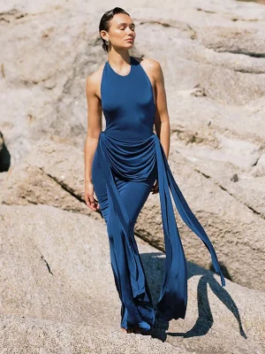 Summer Blue Halter Backless Maxi Dress