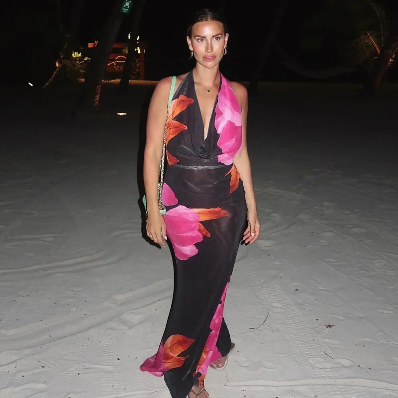 Mesh Printed Halter Backless Dress - Image 5