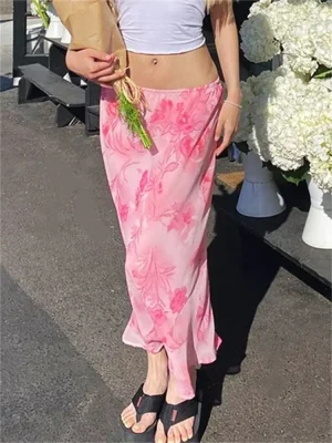 Floral Chiffon Long Skirt Low Waist Boho Retro Style