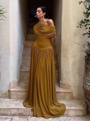 Retro One-Shoulder Ruched Maxi Dress
