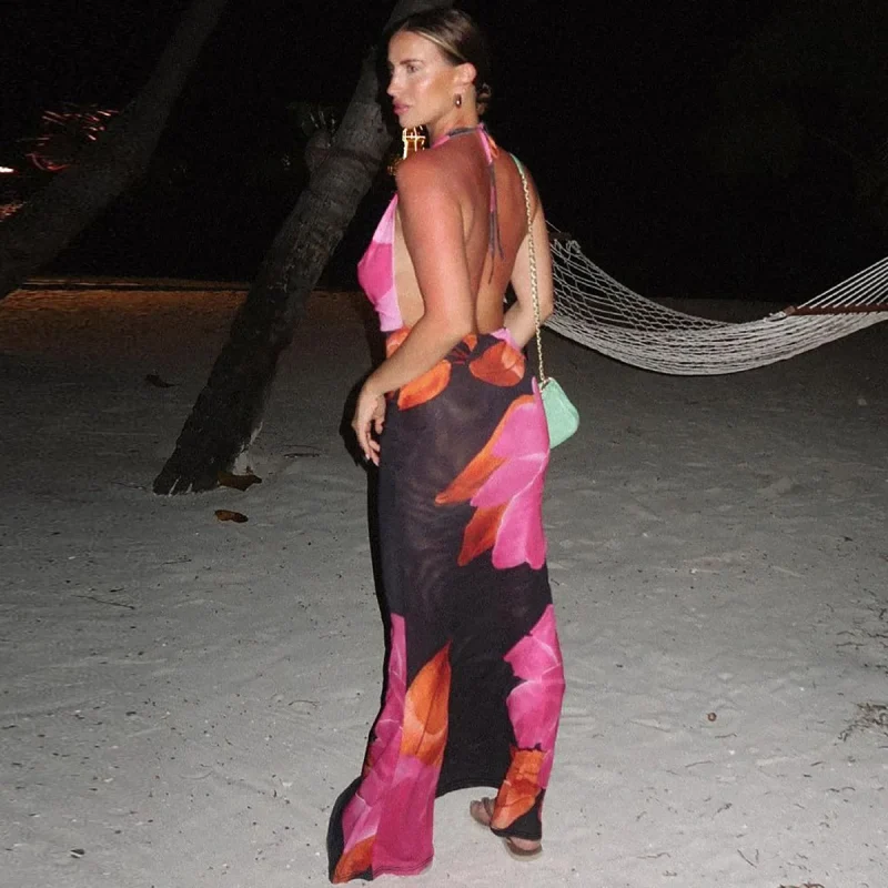 Mesh Printed Halter Backless Dress - Image 4