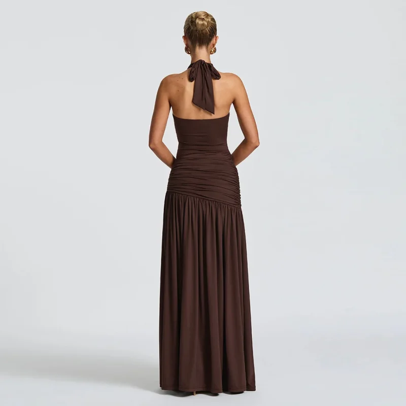 Green Halter Backless Ruched Maxi Dress - Image 5