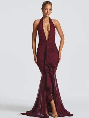 Elegant Red Sheer Mesh Halter Backless Maxi Dress