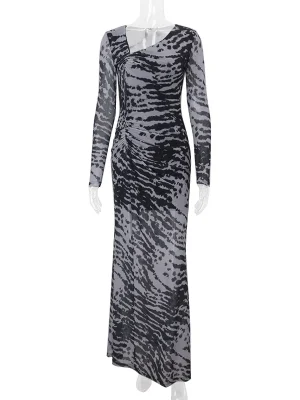 Retro Zebra Print One Shoulder Maxi Dress Long Sleeve