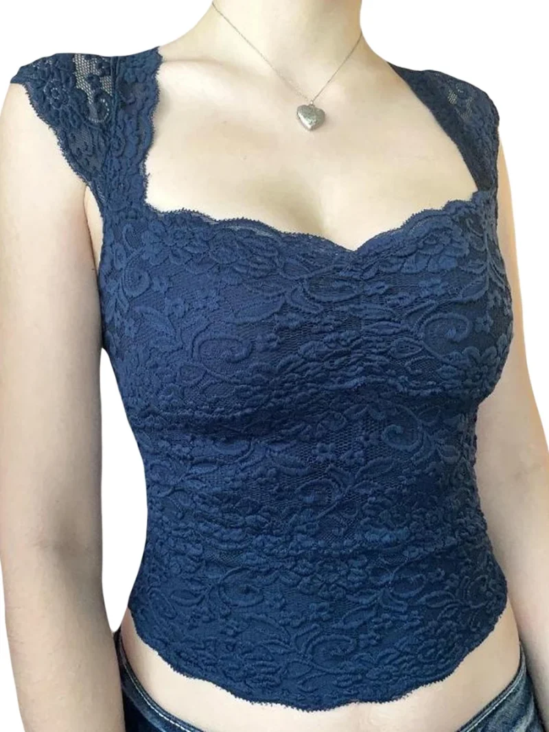Lace Floral Crop Top Square Neck Cap Sleeve  Blouse - Image 2