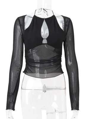 Sheer Mesh Patchwork Crop Top