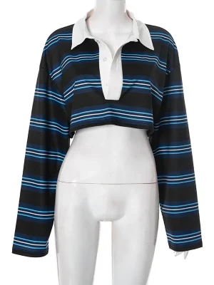 Autumn Striped Cropped Polo Top