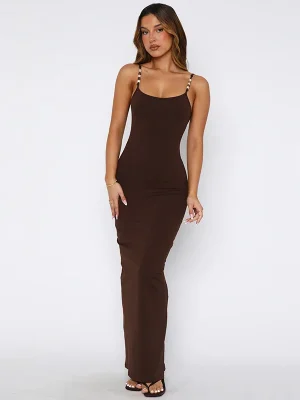 Elegant Beaded Spaghetti Strap Bodycon Maxi Dress Backless