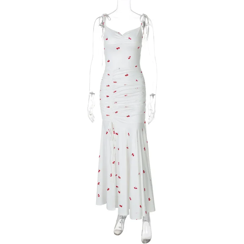 Love Print Spaghetti Strap Ruched Maxi Dress