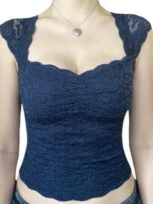 Lace Floral Crop Top Square Neck Cap Sleeve  Blouse