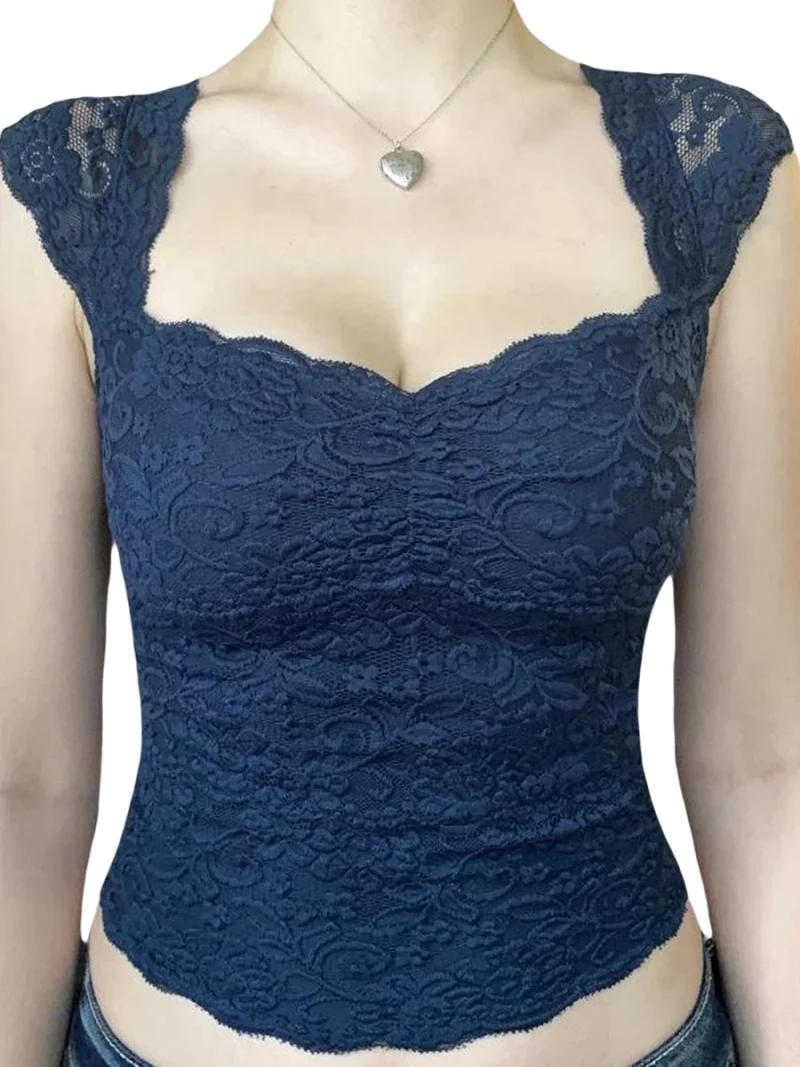 Lace Floral Crop Top Square Neck Cap Sleeve  Blouse