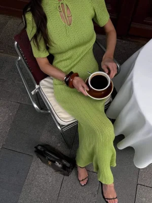 Elegant Green Hollow Out Knit Maxi Dress
