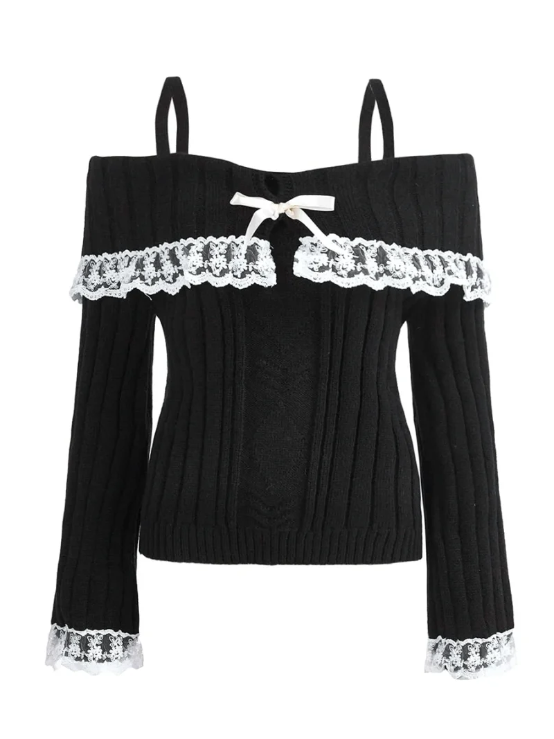 Cold Shoulder Sweater Lace Trim Knit Bow Front Pullover - Image 3
