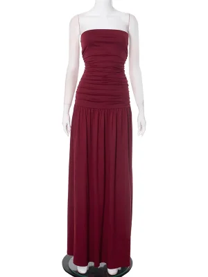 Elegant Solid Strapless Draped Maxi Dress