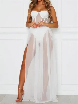 Women's Sheer Mesh Bodysuit Dress Sleeveless Beach Cover-Up