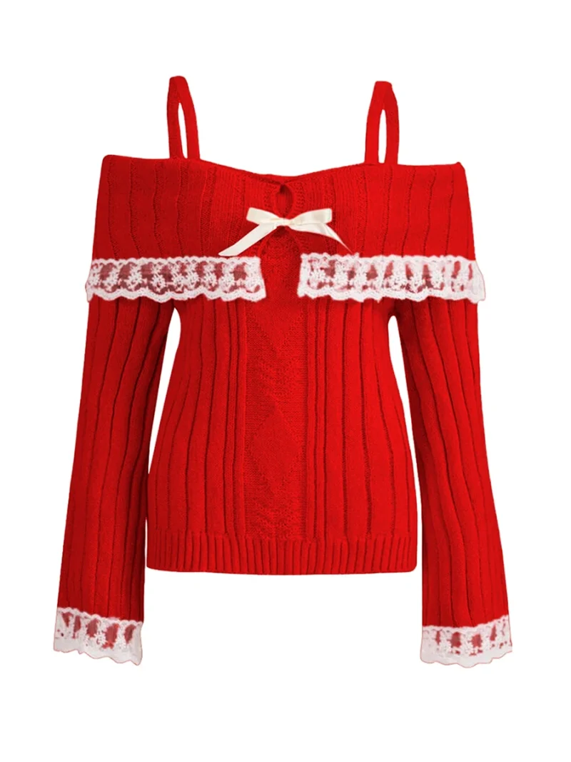 Cold Shoulder Sweater Lace Trim Knit Bow Front Pullover - Image 4