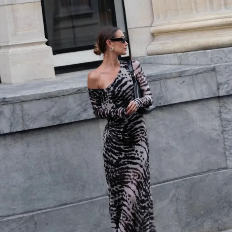 Retro Zebra Print One Shoulder Maxi Dress Long Sleeve - Image 5