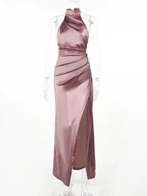 Elegant Satin Turtleneck Maxi Dress