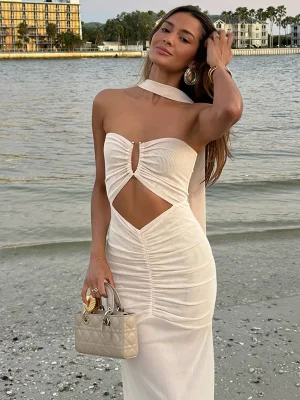 Elegant Hollow Out Halter Maxi Dress Backless Ruched
