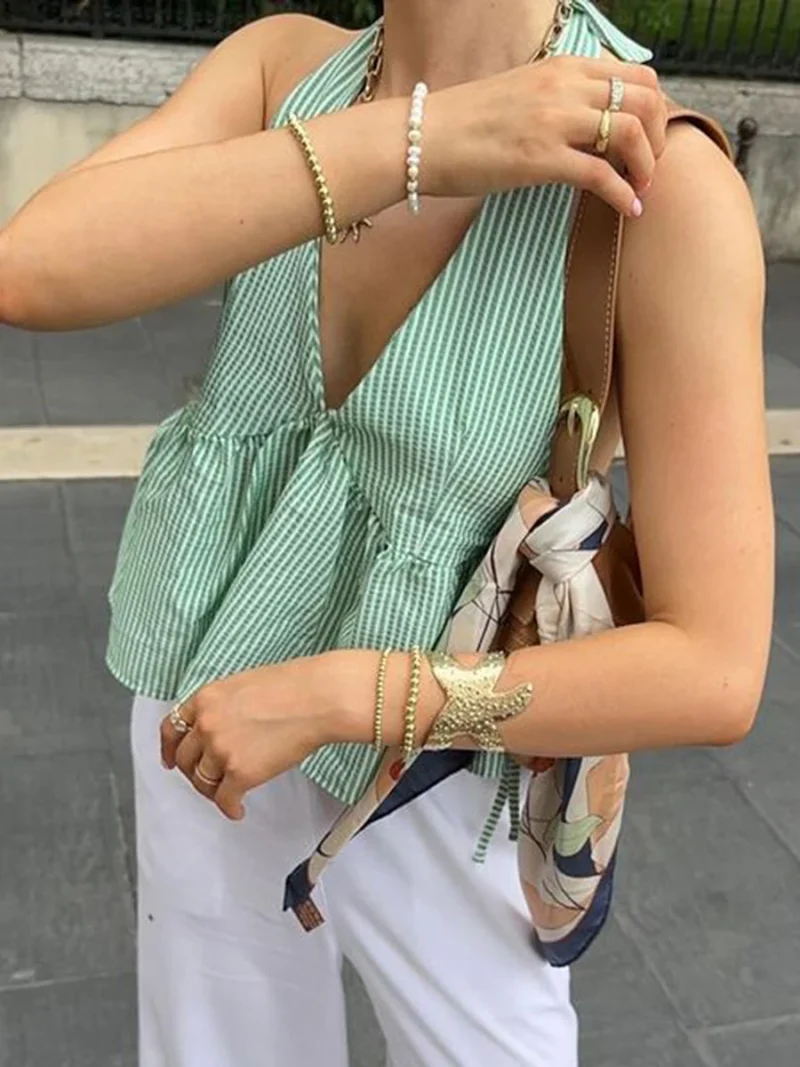 Plaid Babydoll Halter Crop Top Sleeveless Tie-up Vest - Image 2