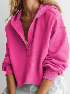 V Neck Crop Hoodie Solid Color Long Sleeve Sweatshirt