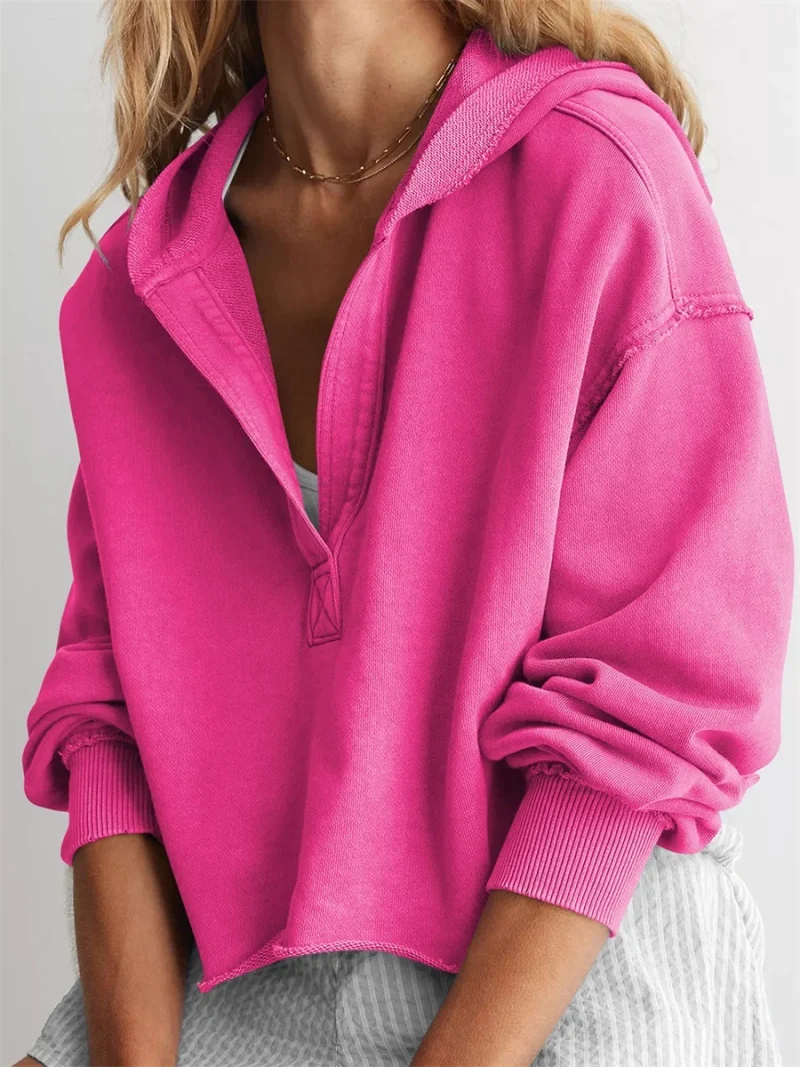 V Neck Crop Hoodie Solid Color Long Sleeve Sweatshirt
