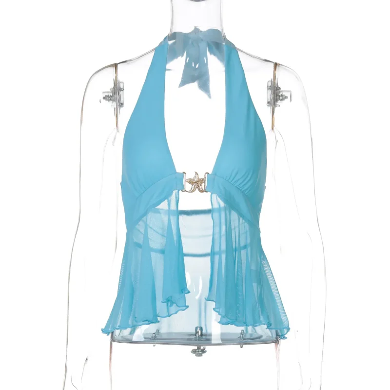 Summer Mesh Patchwork Halter Backless Tank Top - Image 6