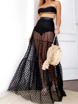 Polka Dot Mesh Skirt High Waist Sheer Pleated Cover-up