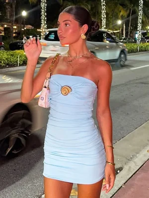 Summer Strapless Mini Dress with Metal Decor