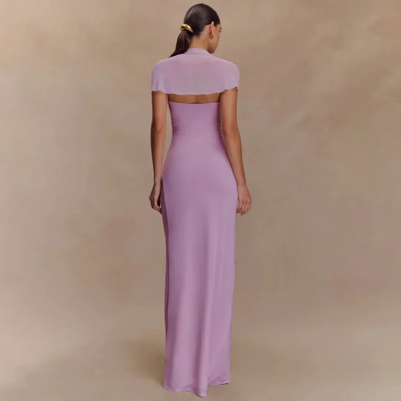 Elegant Purple Mesh Patchwork Maxi Dress - Image 3