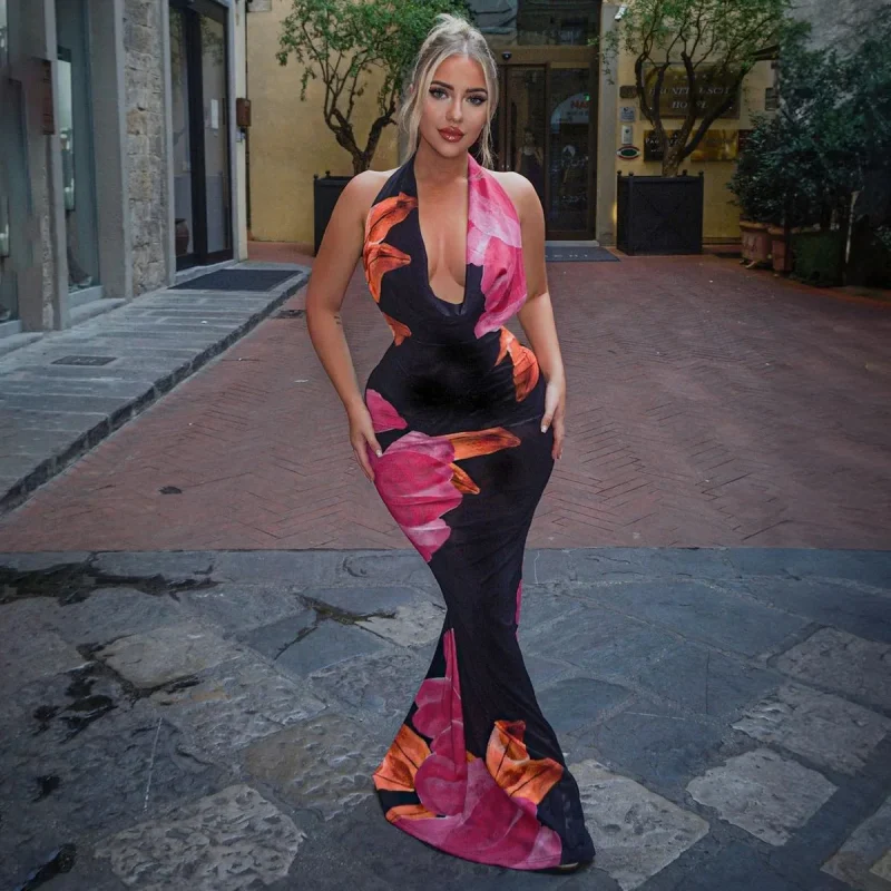 Mesh Printed Halter Backless Dress