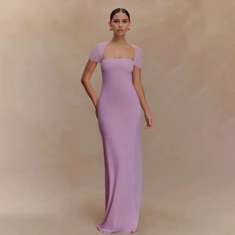Elegant Purple Mesh Patchwork Maxi Dress