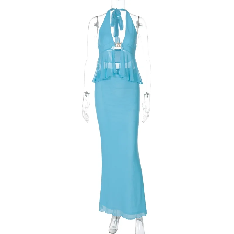 Sheer Mesh Patchwork Skirt Set