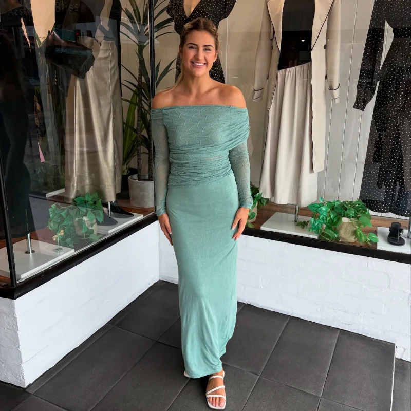 Green Sheer Lace Off Shoulder Top - Image 3