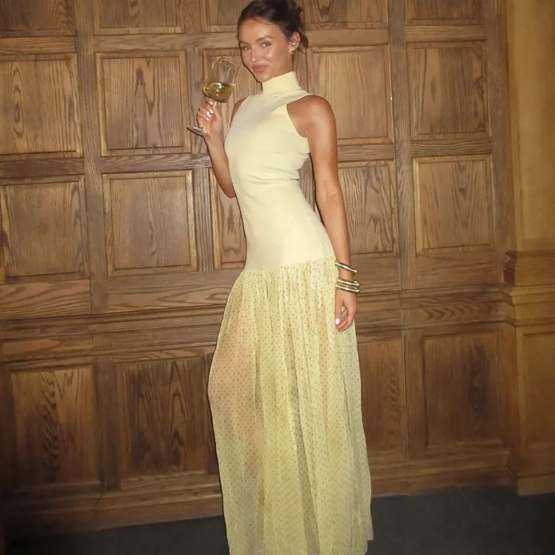 Chic Dot Patchwork Turtleneck Maxi Dress Sheer Elegant - Image 3