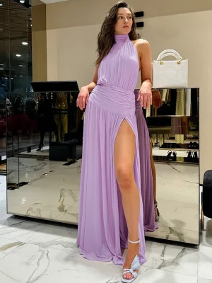 Elegant Purple Halter Backless Maxi Dress with Slit