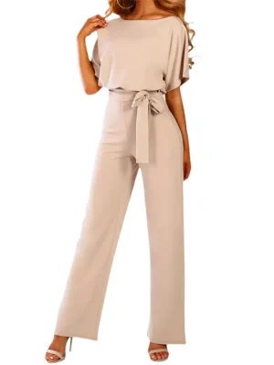 Elegant Wide Leg Jumpsuit Waist Tie Flare Sleeve Romper