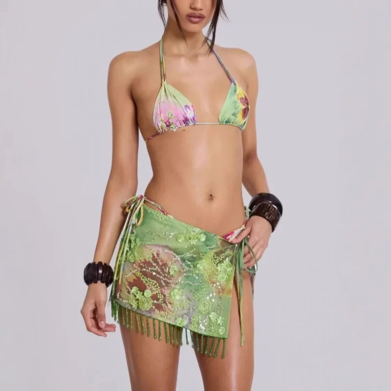 Summer Sequin Embroidered 3-Piece Skirt & Bikini Set - Image 2