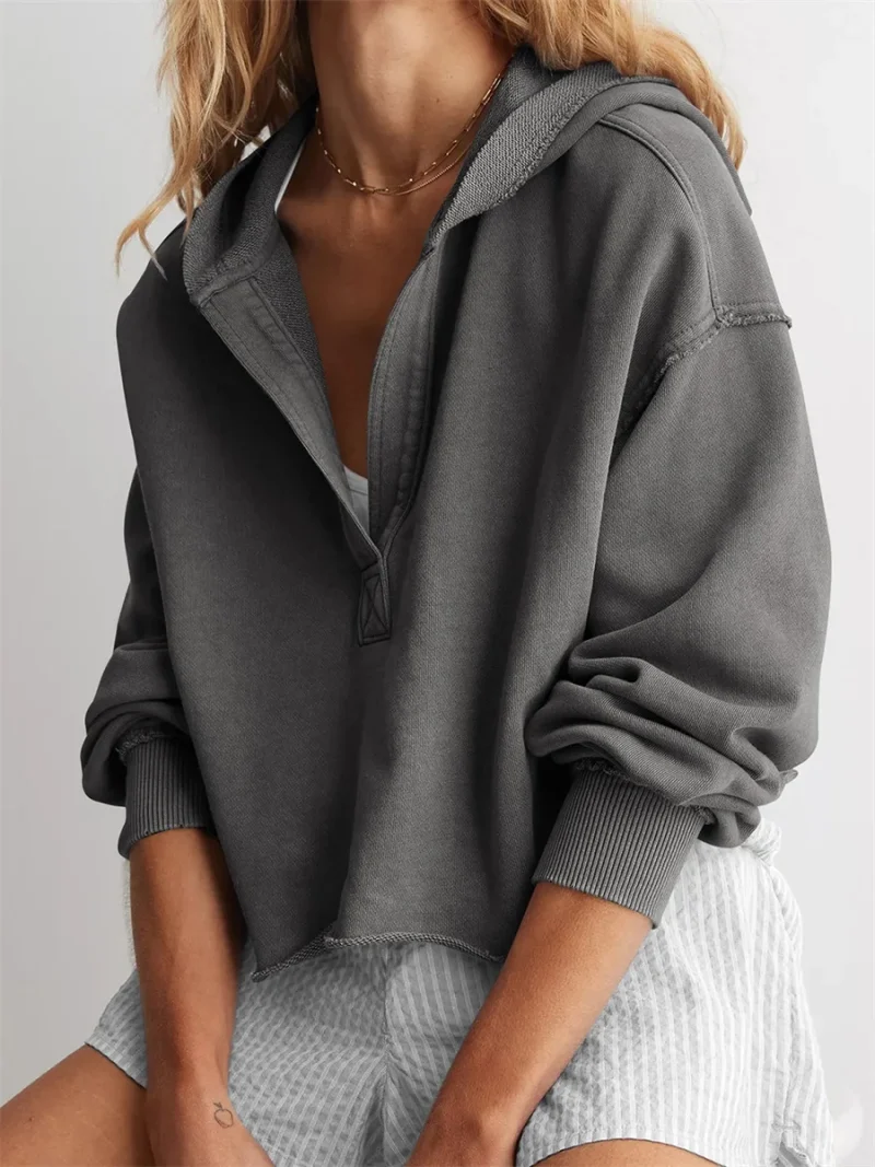 V Neck Crop Hoodie Solid Color Long Sleeve Sweatshirt - Image 2