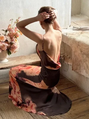 Elegant Floral Print Satin Maxi Dress